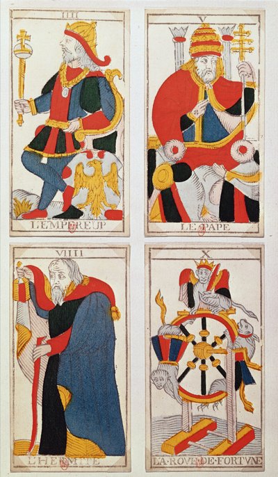 皇帝、教皇、隠者、運命の輪を描いた4枚のタロットカード（色の木版画） 作： French School