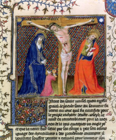 Fr.120。 f.520ラカイトドサングラールから十字架につけられたキリストの血を集めたアリマテアのジョセフ 作： French School