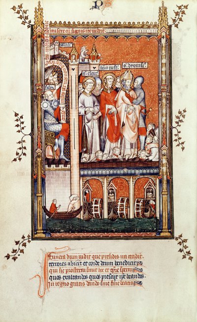 Fr 2092 f.37v Vis de St. Denisから1317年に聖デニスと彼の仲間に他の殉教者の遺体を見せているシシンニウス 作： French School