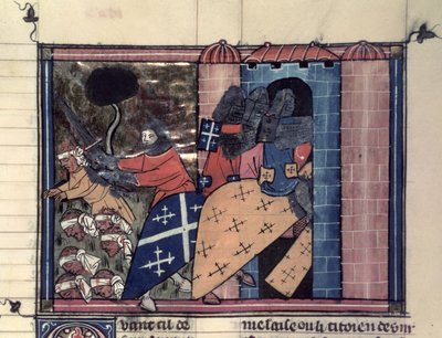 Fr 22495 fol.115r騎馬十字軍が1185年にサラセン人と戦っていた。 作： French School