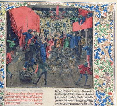 Fr 2646 f.176 Bal des Ardents、ルイ・オブ・オルレアンが1392年にFroissarts Chronicleからダンサーの衣装に火を放った後、チャールズはベリー公爵夫人に救われた 作： French School
