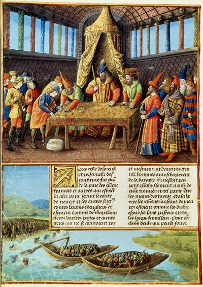 Fr 5594 f.267v Bayezid Passagesから身代金を受け取った私はSebastien Mamerotによって書かれたOutremerを偽造します。 作： French School