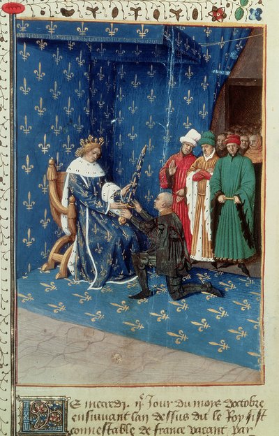 Fr 6465 f.434v Charles V（1338-80）Knighting the Convert Bertrand Duguesclin、October 1390 作： French School