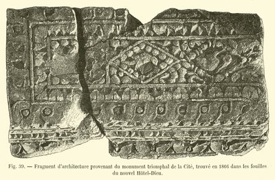 新しいホテルデューの発掘調査で1866年に発見された、勝利の都市記念碑の建築の断片 作： French School