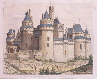 フランス、ピエールフォンの中世の城、ヴィオレット・ル・デュックが修復したもの、Moniteur des Architectesより、エングレービング 作： French School