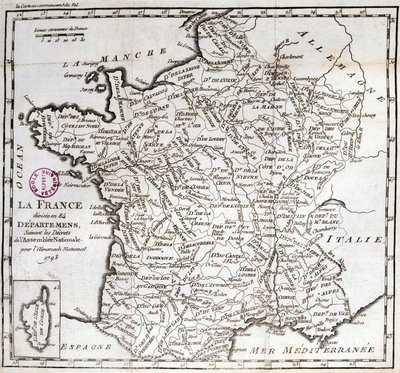 1793年の国民議会の決定により、フランスは84の部門に分割されました。 作： French School