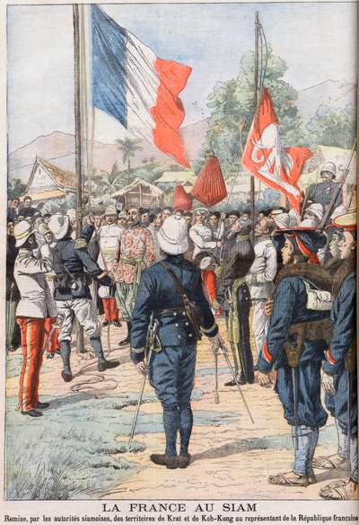 シャムとフランスの間で合意された1904年の条約の後、シャムのクラートとコーコンの領土を占領するフランス、「Le Petit Journal」1905年2月号のイラスト（彫刻 作： French School