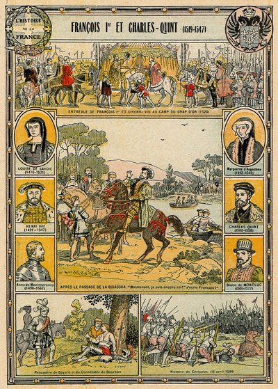 フランスのフランシス1世と神聖ローマ皇帝シャルル5世、「フランスの歴史」のイラスト 作： French School
