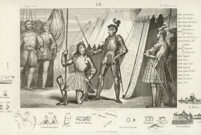 1515年、イタリアのマリニャーノの戦いで勝利した後、フランスのフランシス1世がシュヴァリエベヤードに騎士を求められる 作： French School