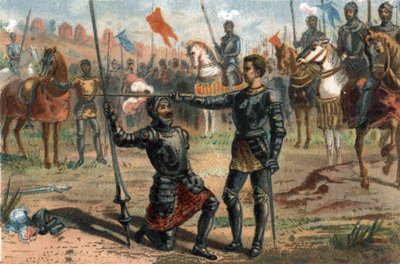 イタリア・マリニャーノの戦いで勝利し、シュヴァリエ・バヤールから騎士号を授与されることを要請するフランスのフランシス1世 作： French School