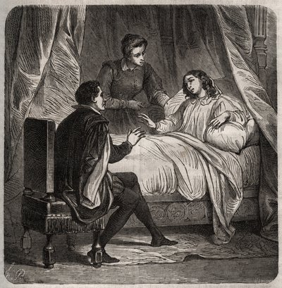 病床のシャトーブリアン伯爵夫人フランソワーズ・ド・フォワ（1495年頃-1537年）が、フランソワ1世の付き人であるクレマン・デ・マレッツ・ディット・マロ（1496年-1544年）を迎える。アンリ・ド・コック（1819-1892）の「Histoire Des Cocus Celebres」に掲載されている1871年のエングレーヴィング。 作： French School
