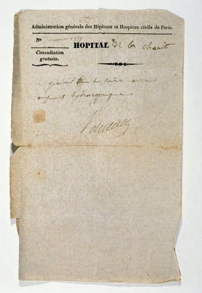 1837年3月7日、パリのホピタルデラシャライトからの無料処方箋 作： French School