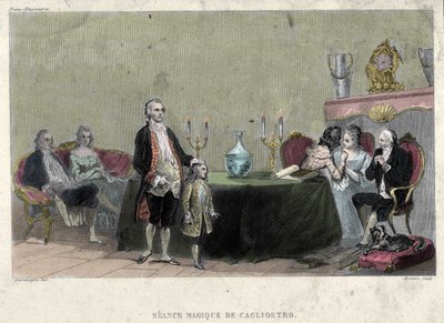 フリーメイキング。カリオストロ伯爵アレクサンダーことジュゼッペ・バルサモ（1743-1795）による魔術の降霊。F.-T. B. Clavelの "Picturesque Histoire de la Franc Maconnerie et des Societes Secretes antique et modernes "の中の一枚の版画。B．編集者：パグネール 作： French School
