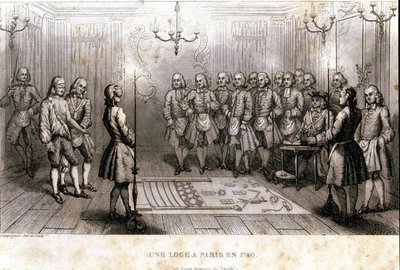 フリーメイソン：1740年にパリのロッジで行われた秘密の会合。F.-T. B. Clavel著「Picturesque Histoire de la Franc Maconnerie et des Societes Secretes ancienne et modernes」より引用。B. Clavel.パグネール、編集者。1843. 作： French School