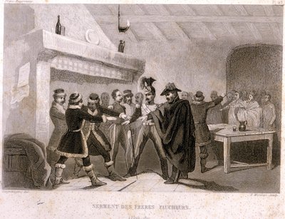 フリーメイソン：1821年にポトックで行われた刈り取り兄弟の宣誓。F.-T. B. Clavel著「Picturesque Histoire de la Franc Maconnerie et des Societes Secretes antique et modernes」より引用。B. Clavel.パグネール、編集者。1843. 作： French School