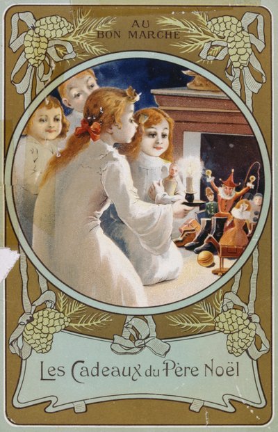 クリスマス・イブにキャンドルを持つ少女たちを描いたフランスのクリスマスカード 作： French School