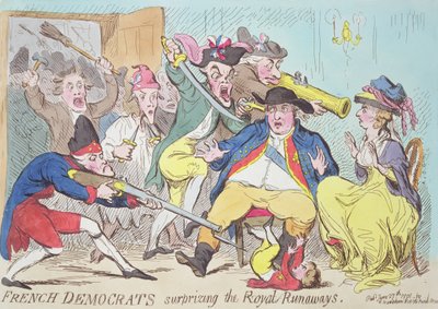 ロイヤルランウェイズを驚かせたフランスの民主党員、1794年（カラー彫刻） 作： French School