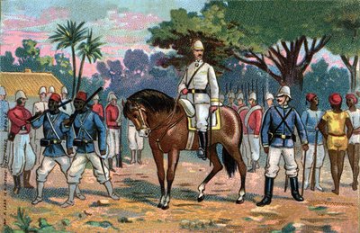 フランスのダホメー遠征。1892年、フランスのアルフレッド・アメディー・ドッズ将軍（1842-1922）がベナン（ダホメー）へ。 作： French School