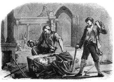 フランス革命（コンヴェンション）：1793年、サン・ドニ教会の王家の墓を冒涜した際に開かれたアンリ4世（1553-1610）の棺。1860年のエングレーヴィング。 作： French School