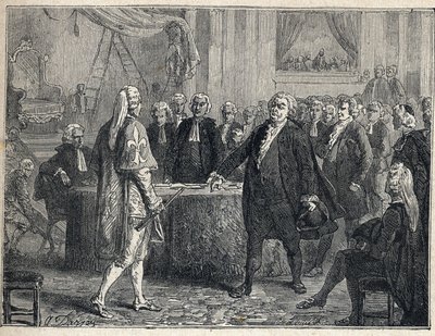 フランス革命-1789年6月23日の総会。ミラボー伯爵オノレ・ガブリエル（Honore-Gabriel）リケティ（1749-1791）の使徒アンリ・エヴラール（Henri-Evrard）、ドリュー・ブリーズ（Dreux-Breze）侯爵（1762-1829）の使徒。1889年のエングレーヴィング。個人蔵。 作： French School