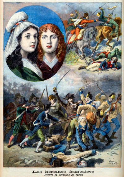 フランス革命-フランスのヒロインたち：1792年に父を見守るためにオーストリア軍と男装して戦ったフェルニグ作の姉妹フェリシテ（1770-1841）とテオフィル（1875-1819）-1894年8月7日付「Le Petit Journal」のイラスト 作： French School