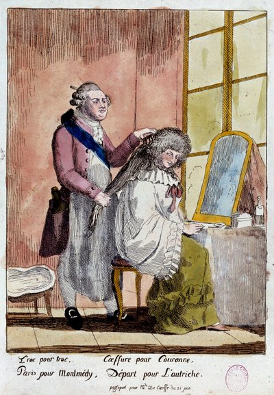 フランス革命：1791年6月20日と21日にヴァレンヌに向かった王家の逃亡を描いた漫画：国王ルイ16世と王妃マリー・アントワネットは、コルフ男爵夫人の子供たちの家庭教師という偽のパスポートで出発することになっていた。匿名コロ 作： French School