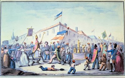 フランス革命。"民衆の形成されたマスカレードは司祭の服を着ている"。匿名の水彩画。1793.パリ、L