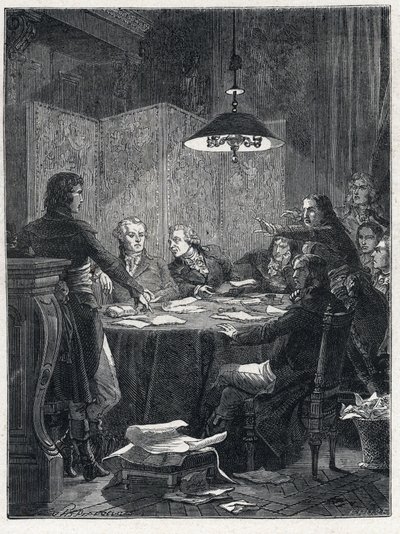 フランス革命。1793年に国民会議で設置された革命政府である公的救済委員会の会合。 作： French School