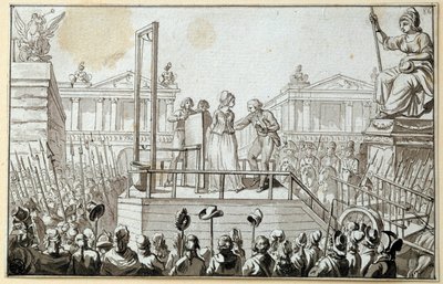 フランス革命：「1793年10月、足場の上の王妃マリー・アントワネット（1755-1793）」匿名の墨による素描。1793年日。0,096x0,15 m. パリ、ルーヴル美術館 作： French School