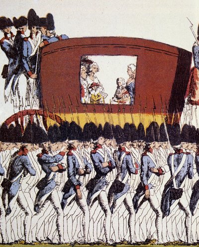 フランス革命。1791年6月20日、21日のヴァレンヌでの逮捕を経て、6月25日にパリに戻ってきた王家の人々。Eau-forte coloriee anonymous 1791 Sun.23.2x34.6 Paris, Musee Carnavalet. 作： French School
