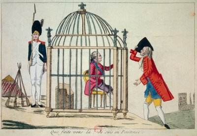 フランス革命。"何をしているのか、私は懺悔しているのだ" 国王ルイ16世（1754-1793）が1791年6月にヴァレンヌに逃れる前夜、檻の中で表している。風刺的な彫刻 パリ、アーセナル図書館 作： French School
