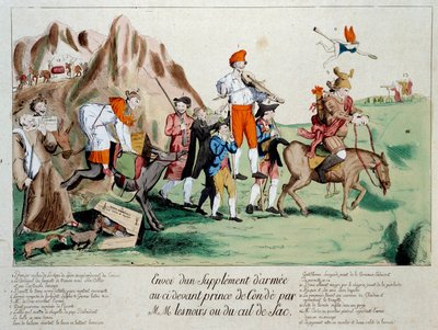 フランス革命革命による移民の後、ライン川沿いに駐留していたブルボン家の王子ルイ5世ジョセフ（1736-1818）の軍隊に、廃墟と化した聖職者のメンバーで構成された援軍が派遣された」。カルト 作： French School
