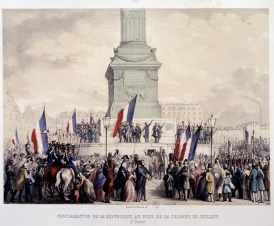 1848年のフランス革命：1848年2月25日、バスティーユ広場の7月柱のふもとでの第二共和制宣言。19世紀のリトグラフ。パリ、カルナヴァレ美術館 作： French School