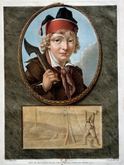 フランス革命：1793年のマルセイユ反乱に参加した若き日のジョセフ・アグリコル・ヴィアラ（1780-1793）の肖像。彼は王党派の通過を阻止するためにデュランス橋のケーブルを切断しているところです。18世紀 作： French School