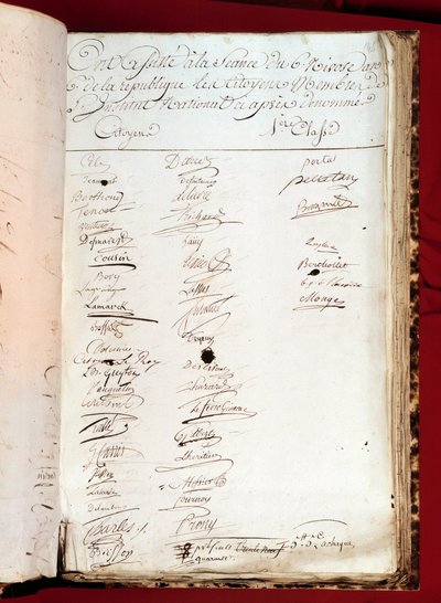 フランス革命：国立研究所に出席した人の署名が入った1797年12月26日（VI年6月）の出席簿のシート。パリ、科学アカデミー 作： French School