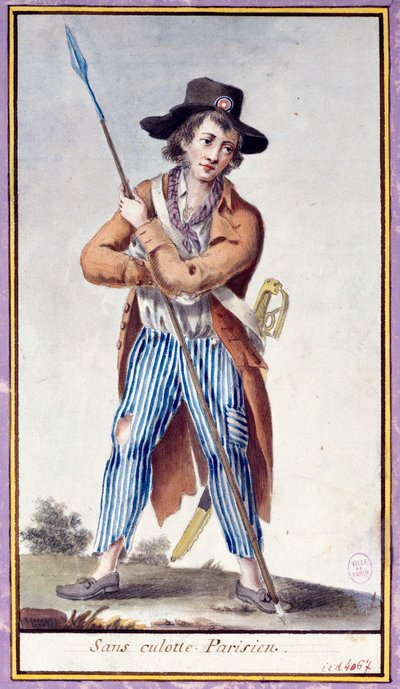フランス革命：パンティのないパリジャンがスペードを持っている。1789年頃の匿名の版画。パリ、カルナヴァレ美術館 作： French School