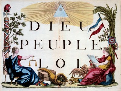 フランス革命：神、民衆、法を照らす神の三角形、フランスの寓意、正義、豊かさ、共和国。1794年のエングレーヴィング。パリ、アーセナルの図書館 作： French School