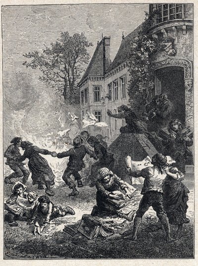 フランス革命：1789年8月、特権廃止を祝って農民たちが封建的な称号を燃やし、火の周りで踊った。1889年のエングレーヴィング。個人蔵。 作： French School