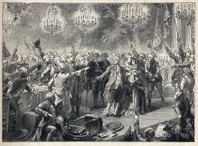 フランス革命：1789年10月1日にヴェルサイユ宮殿のオランジュリーで開催された護衛隊の宴で、王妃マリー・アントワネット（1754年～1793年）と王ルイ16世（1754年～1793年）、そしてイルカの前で、王党派の人々が王政への忠誠を誓う-。 作： French School