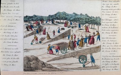 フランス革命：1789年、パリのシャン・ド・マルスで働く人々。パリ、カルナヴァレ美術館 作： French School