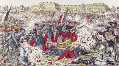 1870年8月31日のセダンの戦いでプロイセン軍に囲まれたフランス軍 作： French School