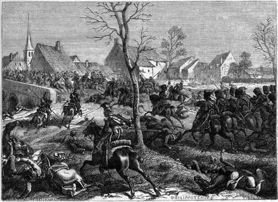 フランス軍とポーランド軍がベリーオ・バク（エズヌ川）の橋を制圧 1814年3月 - Campagne de France (1814) - ナンスーティ将軍が衛兵の騎兵とパック将軍のポーランド人を引き連れて、ベリーオ・バクの橋を制圧 - 「History of the empire following」にて 作： French School