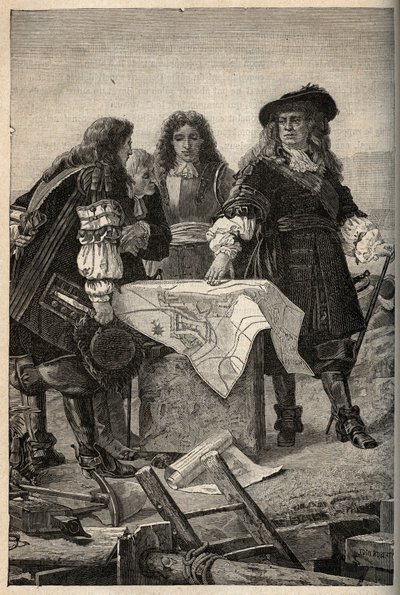 1687年、ルイ14世の要請により、フランス人建築家ヴォーバンがベルフォール（フランス東部）の要塞化計画を作成 - Sebastien Le Prestre de Vauban donnant les plans des fortifications de Belfort - engraving in "PATRIE" - DESCRIPTION PECTUREQU 作： French School