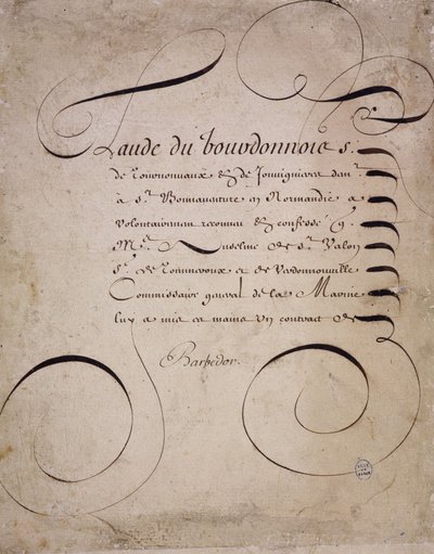フランスのカリグラフィー。1640年頃、ルイ・バルベドールが書いた会計検査院からの手紙。 作： French School