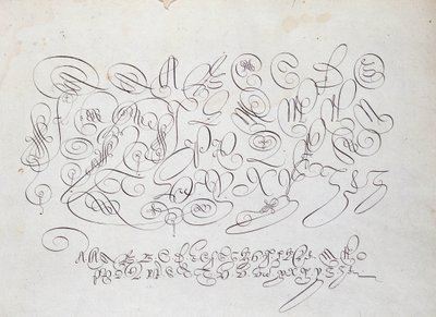 フランスのカリグラフィー。1600年頃、ロベール・ヴィニョンが書の庭で描いた王のカルコグラファー、フリシウスの版画、大文字のプレート。 作： French School