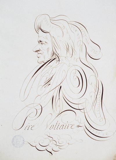 フランスのカリグラフィー。1780年頃、ベルナール・ド・パリが描いた父ヴォルテールの肖像。パリ市の歴史図書館。 作： French School