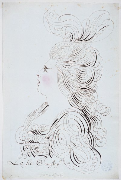フランスのカリグラフィー。1780年頃、ベルナール・ド・パリが水彩で描いたポリニャック王女の顔を強調した肖像画。パリ市の歴史図書館。 作： French School