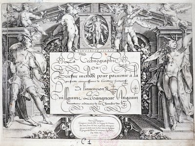 フランスのカリグラフィー。テクノグラフィー、1599年頃にGuillaume the Gangneurが描いた表題作。パリ市の歴史図書館。 作： French School