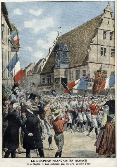 7月4日付「Le Petit Journal」紙に掲載されたスポーツフェアで、アルザスのモルスハイムの街に再び浮かぶフランス国旗 作： French School