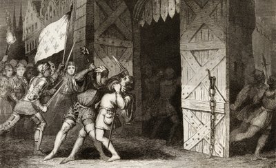 1840年頃に出版されたコラートの「フランスの歴史」から、フランスの騎士が100年戦争の間にイギリスが開催した都市を攻撃 作： French School
